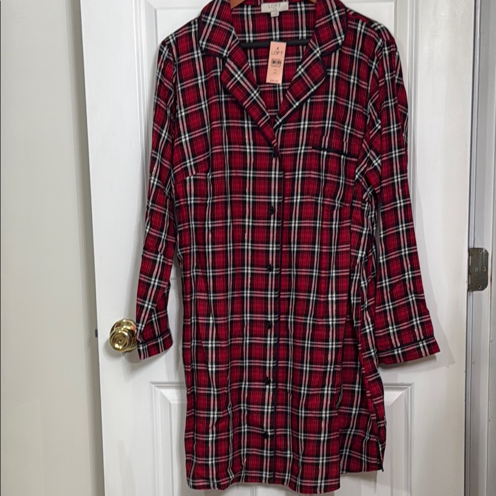 LOFT Red Plaid Shirt Dress